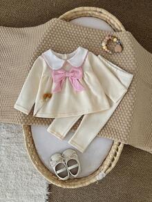 2pcs/Set Toddler Baby Girls' Cute 3D Bowknot Peter Pan Collar Sweatshirt And Leggings, Spring/Autumn - Apricot - View 3