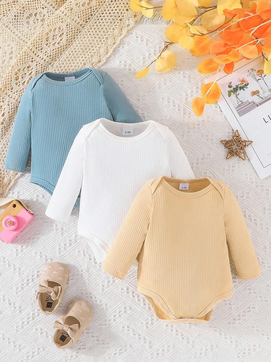 Bộ 3 món áo liền thân dài tay màu trơn, chất liệu gân sọc, thích hợp cho bé sơ sinh và bé trai, kiểu dáng giản dị, nhẹ nhàng, thích hợp cho mùa xuân/thu. - Nhiều màu - Xem 1