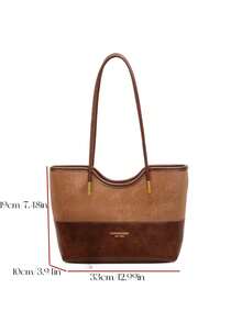 Women's Shoulder Tote Bag, Large Capacity Square Bag, Minimalist Fashion Patchwork Design, Suitable For Shopping And Commuting, Coffee Brown - Coffee Brown - View 6