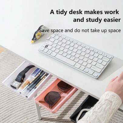 2pcs Self-Adhesive Drawer Under Desk, Hidden Desk Drawer Storage, Suitable For Home Office Stationery Organization, No Drilling Required, Desk And Drawer Organizer, Create A Tidy Workspace, Minimalist Style