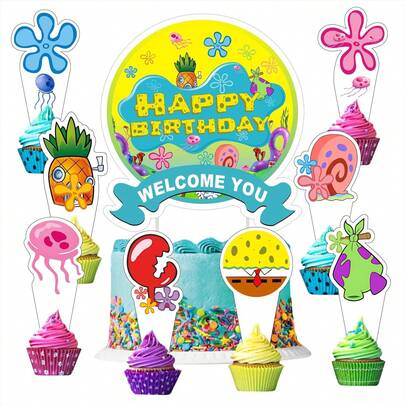 25 piezas Conjunto de decoración de cumpleaños de Bob Esponja, incluye 24 decoraciones para cupcakes y 1 decoración para pastel, adecuado para suministros de fiesta de cumpleaños