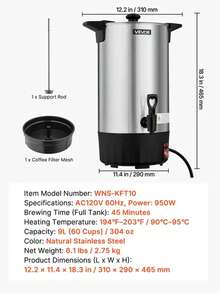 Commercial Coffee Urn, 60 Cup 9 L Hot Beverage Dispenser With Dripless Faucet, Quick-Brewing Stainless Steel Large Commercial Coffee Maker, For Catering, Business, Party, Church & Restaurant - US A Type Plug(110-127V) - View 6