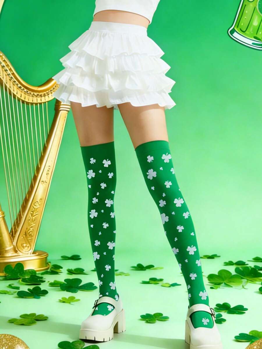 1 双圣帕特里克节 Y2K 三叶草过膝袜 - 高性能过膝袜，舒适又喜庆