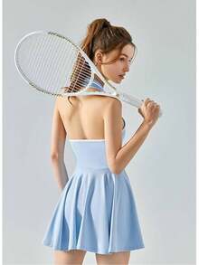 Neck Sports Dress Polo Neck Tennis Volleyball Dress Sexy Backless Anti-Slip Fitness One-Piece Dress With Chest Pad New Year, Spring Festival, Independence Day, Birthdays, Parties, Gifts, Christmas, Halloween - Màu xanh lam - Xem 2