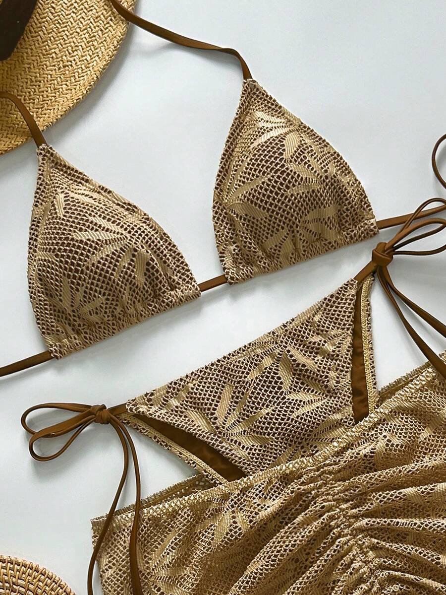 3-częściowy damski komplet bikini boho halter z wiązaniem na plecach i spódniczką wiązaną po bokach, półprzezroczysty, lekko elastyczny materiał