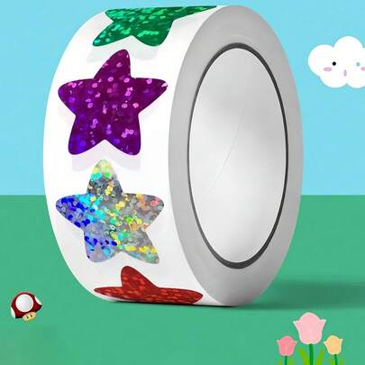 500 miếng/cuộn hình ngôi sao hologram, thiết kế lấp lánh, thích hợp để dán lên phong bì, gói quà, sổ tay, album ảnh, trang trí ốp điện thoại DIY.