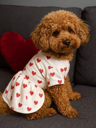 holdhoney 1-delad hundklänning (hundkläder) - Små hundkläder för leksaksraser (pudel/teddy-modell), bedårande hjärtmönster, mjuk och bekväm valpdräkt, vår, sommar, höst, vardagskläder för hemmasoffan och fotografering, oumbärligt husdjursmode, perfekt för alla hjärtans dag, husdjursfester och jubileumsfiranden, populär söt husdjursdräkt för att lyfta din lurviga väns charmiga utseende