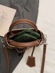 Dedoo 休闲撞色纹理百搭通勤复古手提包，金属扣闭合，女士款 - 咖啡 - 查看 7