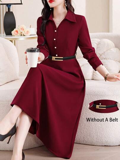 Đầm sơ mi màu đỏ tía thời trang dành cho nữ, ve áo thanh lịch, cài cúc phía trước, tay dài, dài đến mắt cá chân, phù hợp với những quý cô tinh tế, không kèm thắt lưng, thích hợp cho mùa xuân.