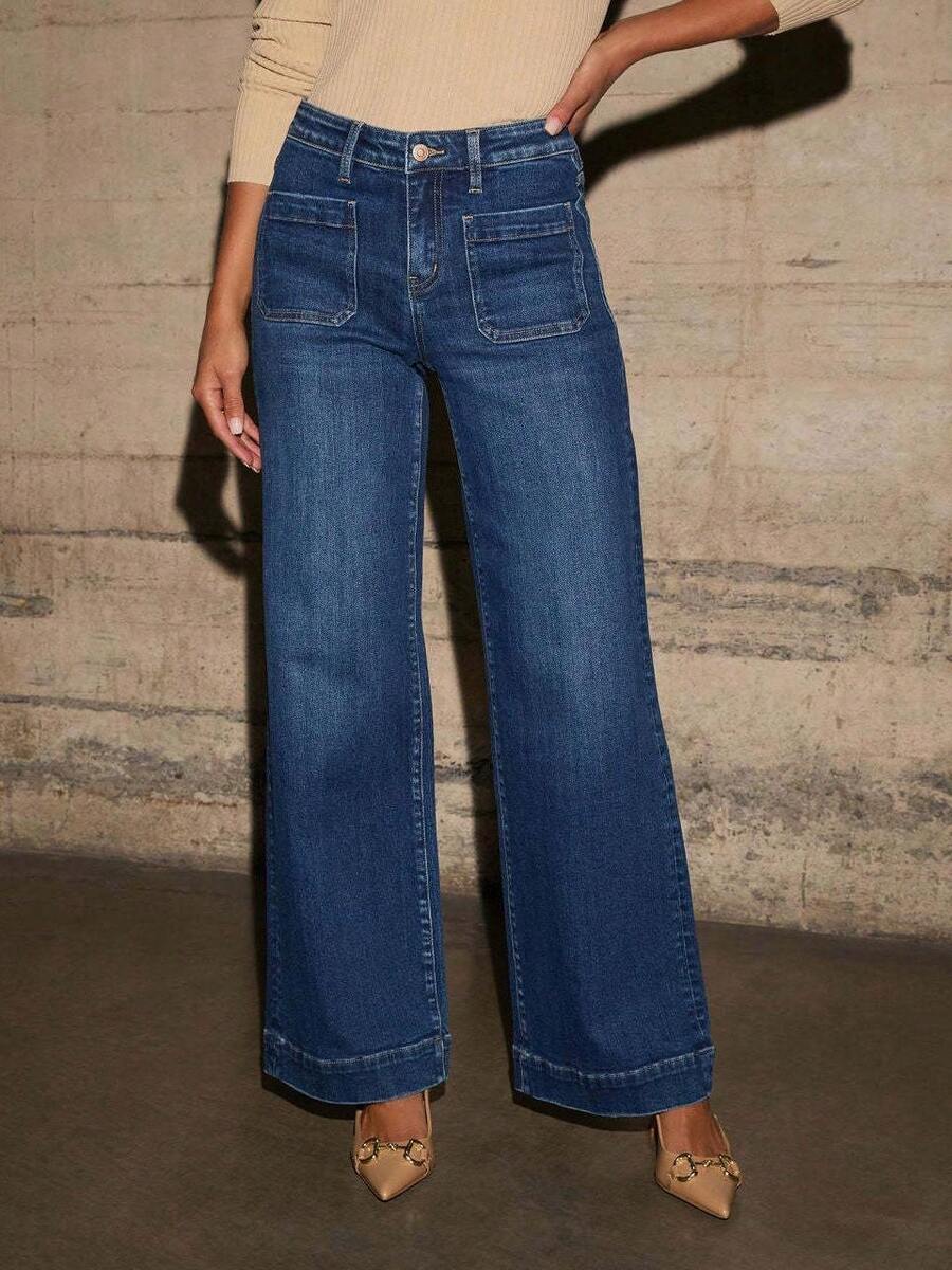 Women's High-Waist Straight-Leg Denim Jeans - Slimming Vintage Style, Stretch Blend With Classic Button Closure, Casual Retro Everyday Fashion - 深藍色 - 查看 1