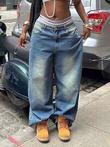 Quần jeans phong cách đường phố Mỹ dáng rộng cho bé gái tuổi teen - Màu xanh nhạt - Xem 3