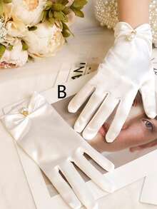 1 Pair Sheer Lace Pearl Bridal Gloves With Bow, Elastic Mesh Fingerless Short Gloves, Suitable For Weddings, Brides/Bridesmaids, Performances, Galas, Parties - Multicolor - View 15