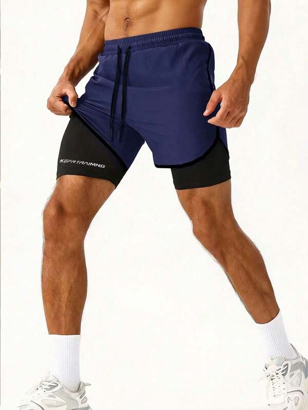 Pantalones cortos deportivos de 2 en 1 para hombres con mallas de compresión - Negro, tela transpirable, bolsillos laterales, adecuados para correr, baloncesto, fútbol, gimnasio y actividades al aire libre, pantalones cortos deportivos multifuncionales | Diseño deportivo | Ajuste cómodo