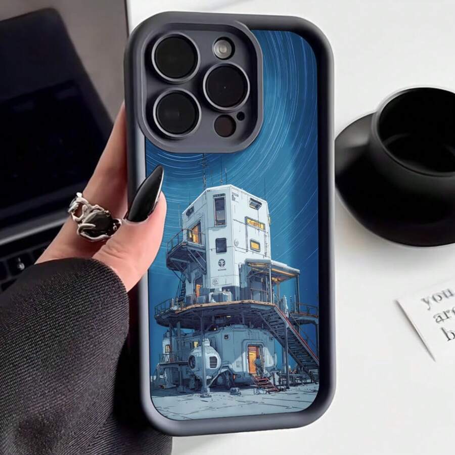 Cubierta de teléfono con borde negro diseño de estación espacial futurista azul y blanco para uso diario y viajes espaciales - Burdeos - Ver 1