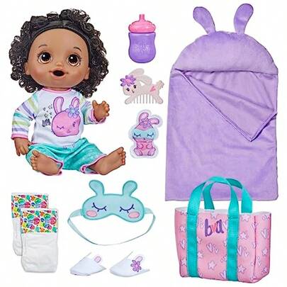 zxr  Bunny Sleepover Baby Doll muñecas temáticas de 12 Pulgadas Saco de Dormir y Accesorios de muñeca con temática de Conejo Juguetes para niñas y niños de 3 años y más Cabello Negro121