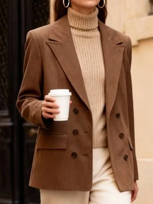 Chaqueta con solapa para mujer, elegante blazer de pana para oficina, otoño - Marrón - Ver 11