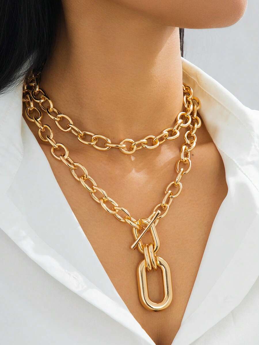 1pc Minimalist Fashionable Metal Gold Chain Creative Thick Chain Multi-Layer Necklace, Suitable For Party And Daily Wear - Gold - View 1