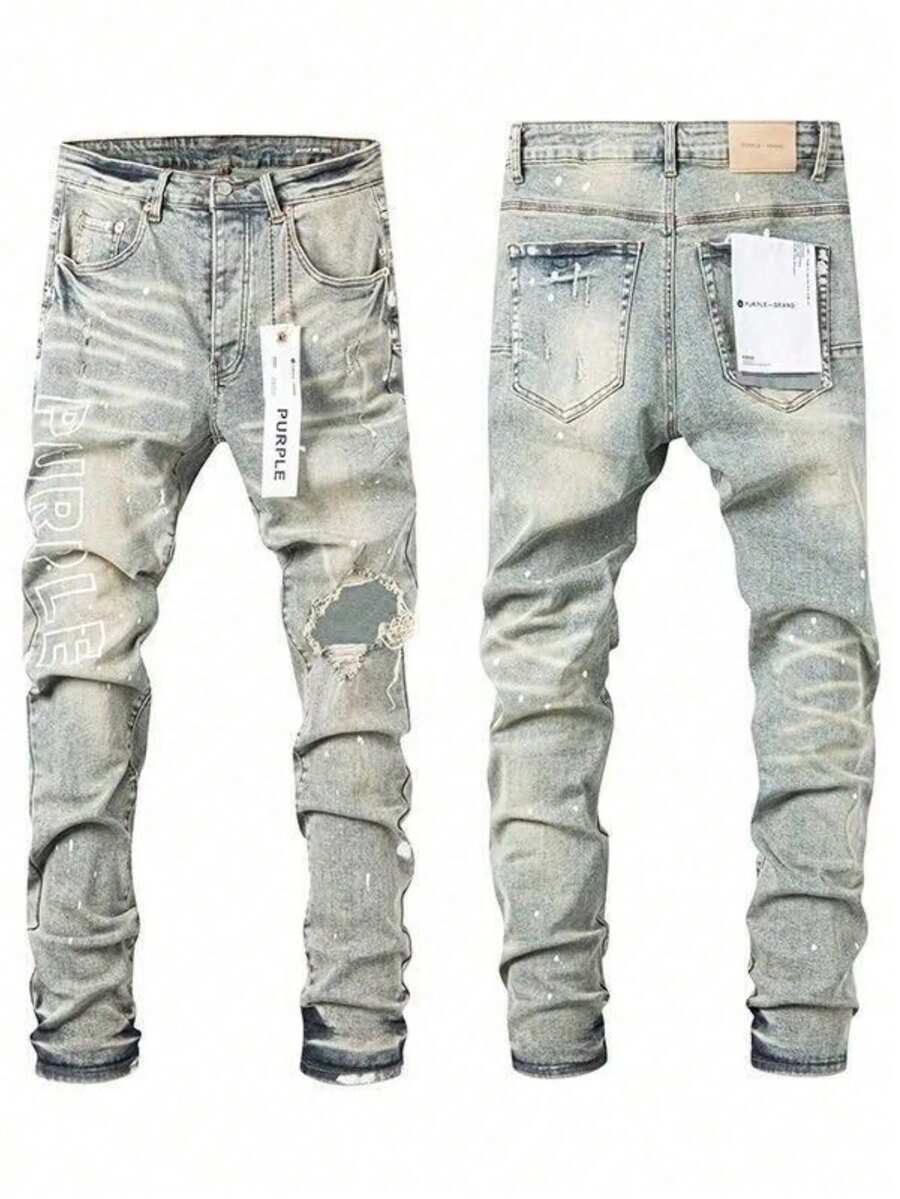Designer Men Jeans American Streetwear Distressed Slim Fit Stretch Tapered Skinny High Fashion Stretchable Trousers  Ripped Denim Pants For Men - Light Blue - View 1