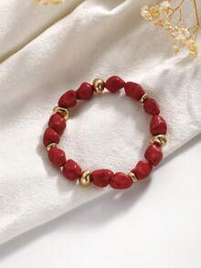 1 pieza Pulsera hecha a mano con cuentas de turquesa estilo bohemio, diseño único y versátil - Rojo - Ver 3