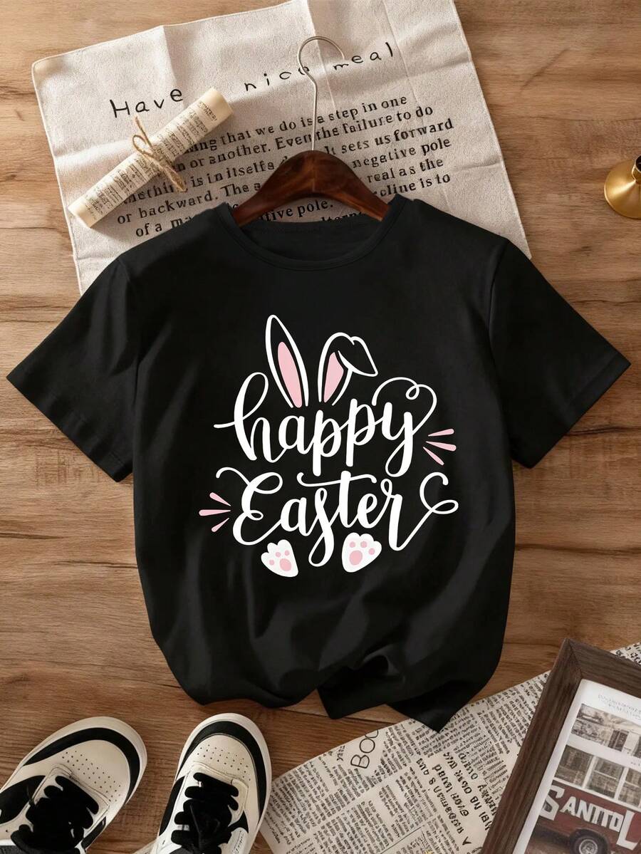 夏季上衣、复活节快乐衬衫、女式复活节衬衫、可爱复活节衬衫、复活节衬衫、复活节快乐衬衫、复活节兔子衬衫、兔子衬衫、女式图案 T 恤 - 黑色 - 查看 1