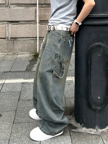 1 buc. Blugi sport pentru bărbați, stil vintage, de nișă, spălați, cu buzunare multiple, croială lejeră, stil casual (curea și accesoriile nu sunt incluse)