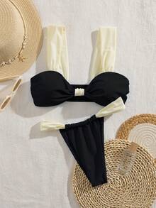 全新柔软加厚肩带优雅派对比基尼套装，夏季海滩时尚女士泳装 - 黑色 - 查看 4
