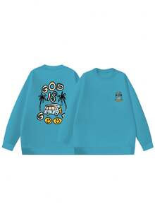 New Year Outfit Women Men Street Style Fashion Crew Neck Sweatshirt God Is Good Car Under Coconut Tree Print Pattern 2025 Autumn Winter Bestselling New  Fashion Long Sleeve Fleece Thickened Essential Classic Basic Style Lazy Style Casual Top Commuting Casual Simple Comfortable Versatile Loose And Comfortable Fall Clothes For Women - 孔雀藍 - 查看 4