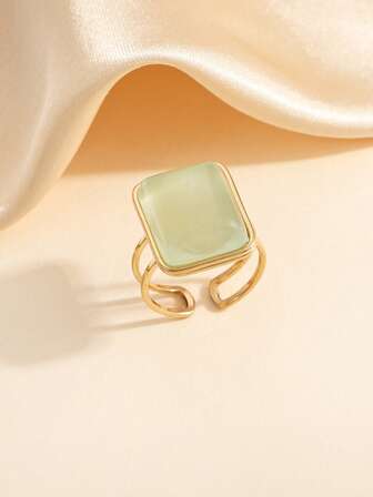 1pc Stainless Steel Minimalist Golden Open Ring, Inlaid With Green Square Gemstone, Suitable For Women's Daily Wear Or Gift