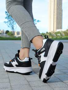 4-Wheel Roller Skate Shoes For Boys And Girls, New Kids Roller Sneakers, PU Leather Lightweight Durable Roller Shoes For All Seasons, Fashion Rotating Buckle Adjustable Double Wheel Invisible Roller Skate Shoes, Removable Wheels, 2-In-1 Roller Skates & Ice Skates, Roller Shoes For Teenagers