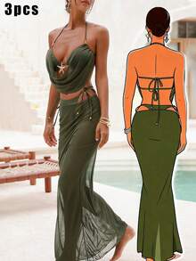 3pcs/Set Women's Sexy Bikini Swimsuit, High Neck Crop Top, Starfish Pattern Metal Strap Top, Elegant Party, Graduation, Ball, Luxury Dinner Outfit, Autumn/Winter, Christmas, National Day, New Year, Cover-Up - Army Green - View 8