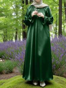 女士优雅纯色绿色长款连衣裙，长袖灯笼袖优雅缎面连衣裙 - 墨綠色 - 查看 3