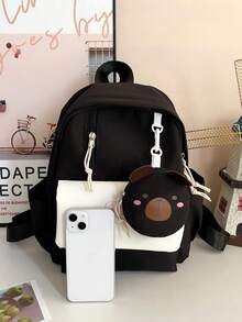 2pcs Kids' Bear Print Polyester Large Capacity Backpack With Small Pouch, Suitable For Everyday Use In Autumn/Winter - Black and White - View 3