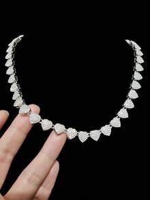 1pc Unisex Punk Rock Heart & Circle Chain Necklace, Fully Rhinestoned Chain Necklace, Fashionable & Elegant Jewelry, Suitable For Daily Wear Or Parties, Valentine's Day Gift - Silver - View 7