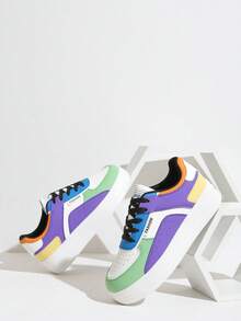 女士彩色拼接厚底运动鞋，白色休闲鞋，粉色运动鞋，适合春秋季穿着 - 紫色 - 查看 2