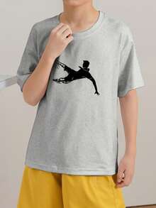 男童休闲印花圆领短袖T恤，夏季上衣 - 淺灰色 - 查看 2