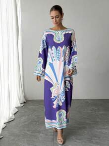 一件紫色印花女士休闲长袍，优雅宽松长款连衣裙，奢华节日派对礼服，传统阿拉伯长袍，送给妈妈、女儿、朋友的完美新年礼物 - 紫色 - 查看 4