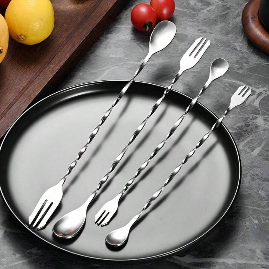 1 X Cocktail Mixing Spoon, Bar Stirrer, Long Spiral Pattern Stainless Steel Cocktail Stirrer, Perfect Bar Or Kitchen Accessory, Suitable For Using In Bars, Kitchens, Festivals And Parties - Multicolor - View 1