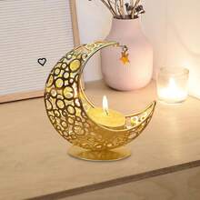 Soporte para vela en forma de luna, candelabro de luna creciente, portavelas de té decorativos de hierro artístico, decoración de mesa para bodas, fiestas de Oriente Medio, hogar, centro de mesa, Ramadán, suministros para fiestas del Año Nuevo Chino, color dorado - Multicolor - Ver 3