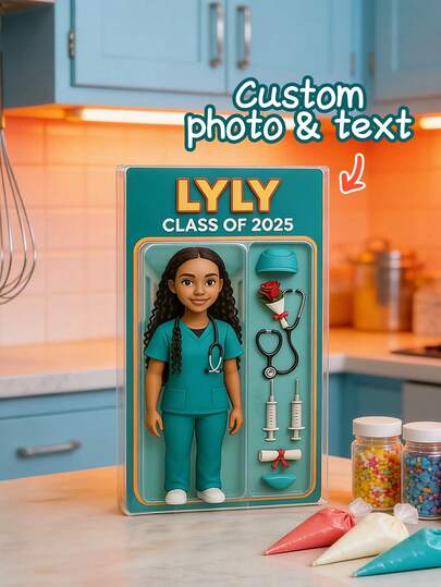 1 pieza Placa acrílica personalizada de graduación de enfermería: Figura de acción personalizada, placa con nombre personalizado y foto de dibujo animado de muñeca de enfermera, coleccionable con tema médico, accesorios de uniforme y operación, elementos personalizables