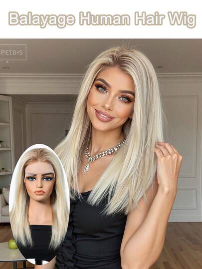 Blonde Balayage Human Hair Wig 200% Density 13x4 Lace Front Wigs Human Hair Real Virgin Human Hair Wig For Women 18 Inch