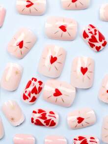24PCS Short Square False Nails Valentine's Day White French Red Love Nail Art Cute Chrome Alloy Acrylic Press On Nails Gel Nail Art Nail Supplies Art Nail Set (Attached: A Piece Of Jelly Gel And File) Suitable For Women's Daily Dating Party - Multicolor - View 4