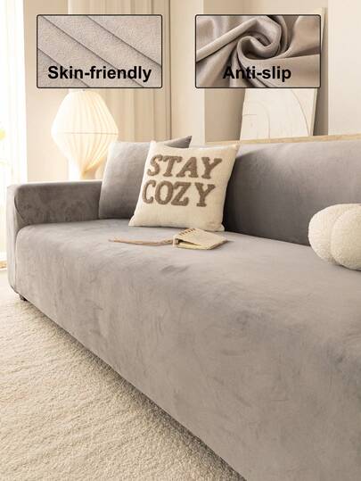 1 pièce Housse de canapé en peluche de renard argenté, couleur unie, élastique tout-en-un, minimaliste, résistante aux animaux de compagnie, antidérapante, anti-salissure, anti-rayures, convenant à toutes les saisons, lavable en machine, housse de protection pour décorations de fête et de maison, convient pour les canapés 1/2/3/4 places