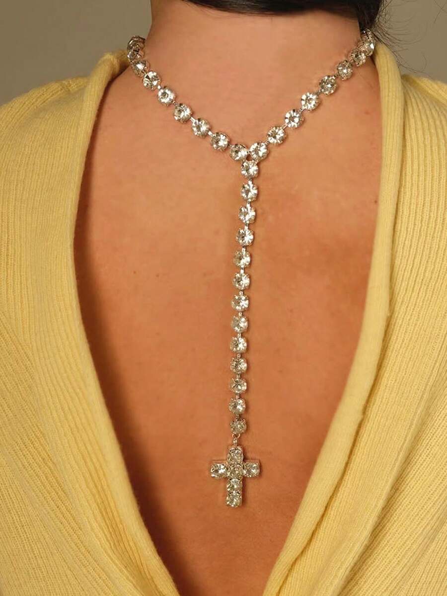 1 chiếc dây chuyền chữ Y đính đá bạc, kiểu dáng gợi cảm với tua rua phía sau, trang sức thời trang dành cho nữ, thích hợp cho các bữa tiệc/buổi tối. - Bạc - Xem 1