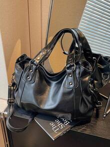 1 Pc Vintage Oversized Tote Bag - Boho PU Leather Crossbody Purse For Women, Spacious Travel & Everyday Shoulder Bag With Matching Wallet, Vintage Large Capacity Handbag, Vintage PU Messenger Shoulder Bag, Women Casual Tote Bag & Wallet, Bohemia Style Bag For Women, New Arrival Tote Bags For Woman - màu đen - Xem 5