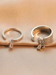 rakol Set Cincin Wanita Elegan Berbentuk Tetesan Air dengan Batu Zirkonia Kubik (2 Buah) - Perak - View 5