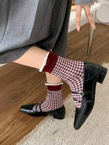 2 đôi tất họa tiết chấm bi và kẻ caro cổ điển, tất cotton dài đến bắp chân cho nữ, giày Mary Jane kiểu Nhật, mùa thu/đông - Nhiều màu - Xem 3