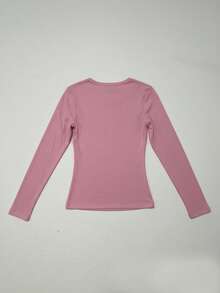 Women's Casual Button Design Long Sleeve T-Shirt, Korean Style, Autumn - Pink - View 7