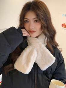 1件装加厚柔软毛绒女士围脖，韩版纯色百搭交叉短款仿兔毛围巾，秋冬针织围脖 - 彩色 - 查看 4