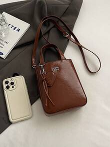 1个女士纯色PU手提包，时尚拉链封口，适合约会和送礼 - 棕色 - 查看 4