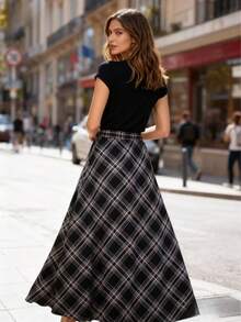 Damkjol med rutigt tryck, utsvängd maxikjol, polyester, elegant bohemisk stil, lång kjol utan stretch - Flerfärgade ränder - Visa 3